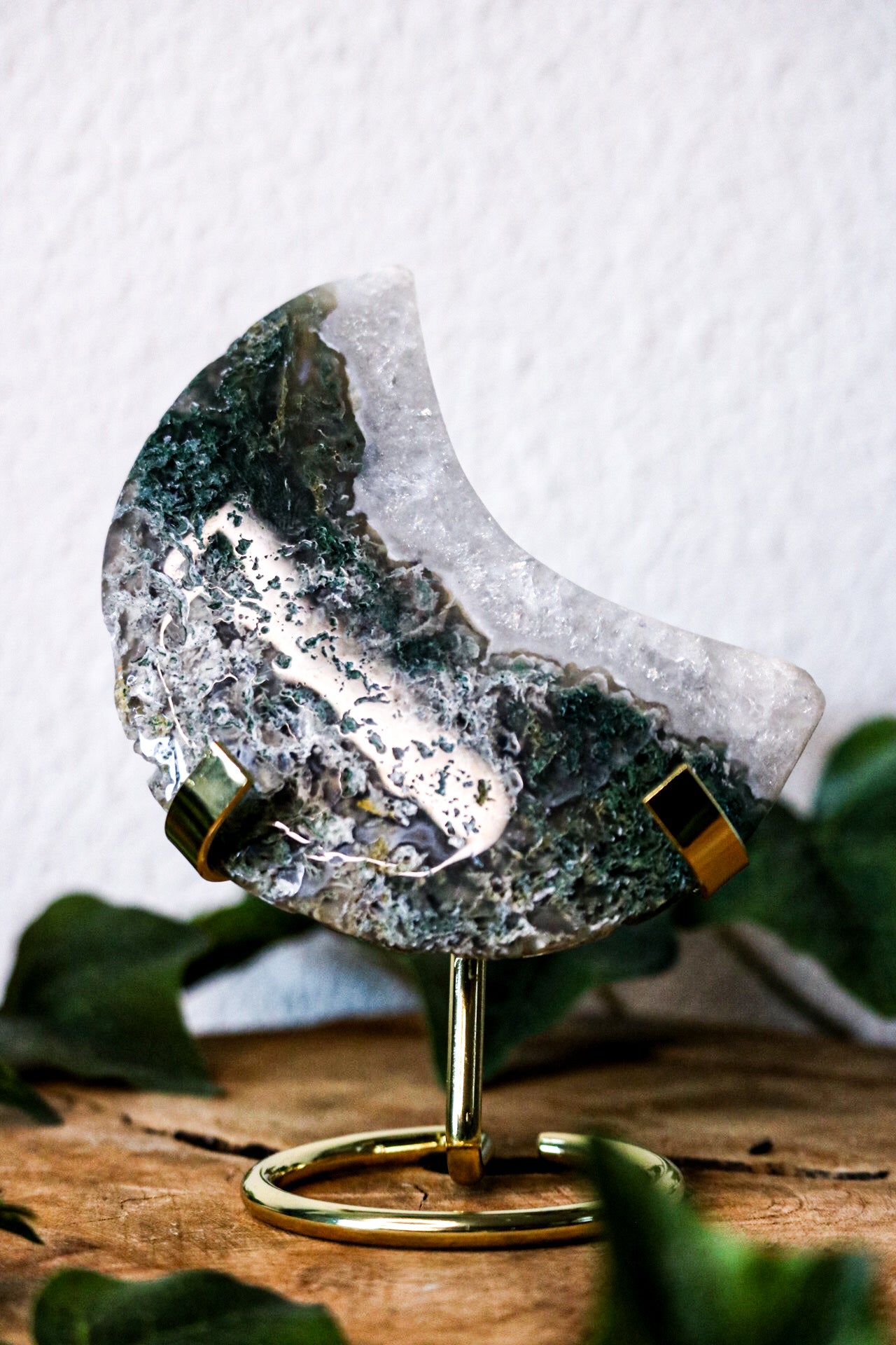 Moss agate moon with stand